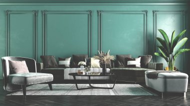 Ev, ofis, iç mekan detayları için modern iç tasarım koyu yeşil klasik bir duvarın arka planında döşenmiş mobilyalar..