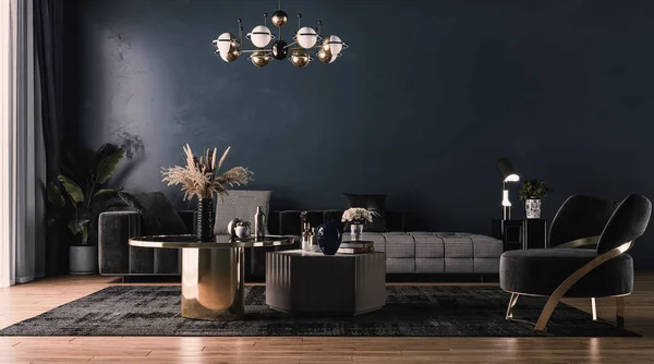 Modern interior design for home, office, interior details, upholstered furniture against the background of a dark classic wall.