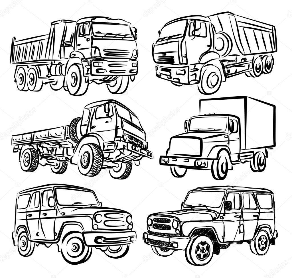 Sketches of trucks and SUVs.