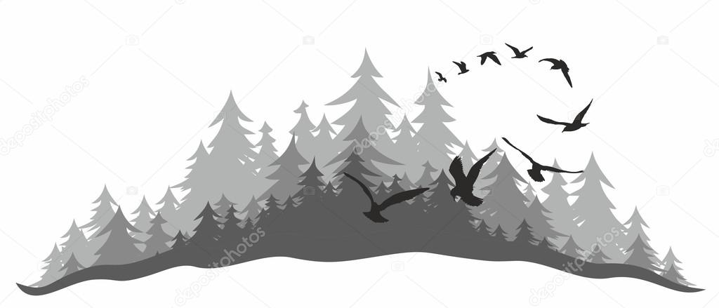 Landscape with wood and birds.