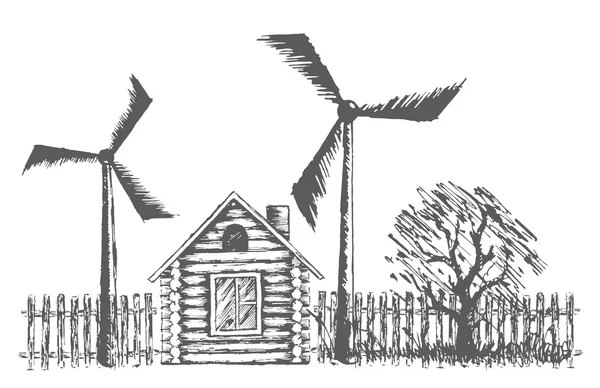 Dibujo de casa de madera con centrales eólicas . — Vector de stock
