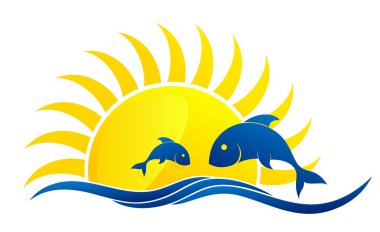 Güneş ve deniz balıkları ile logo. 