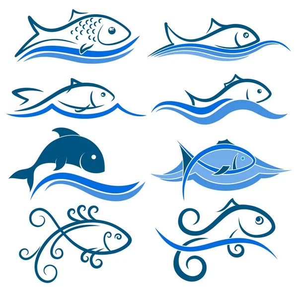 Logos von Fischen mit Welle. — Stockvektor