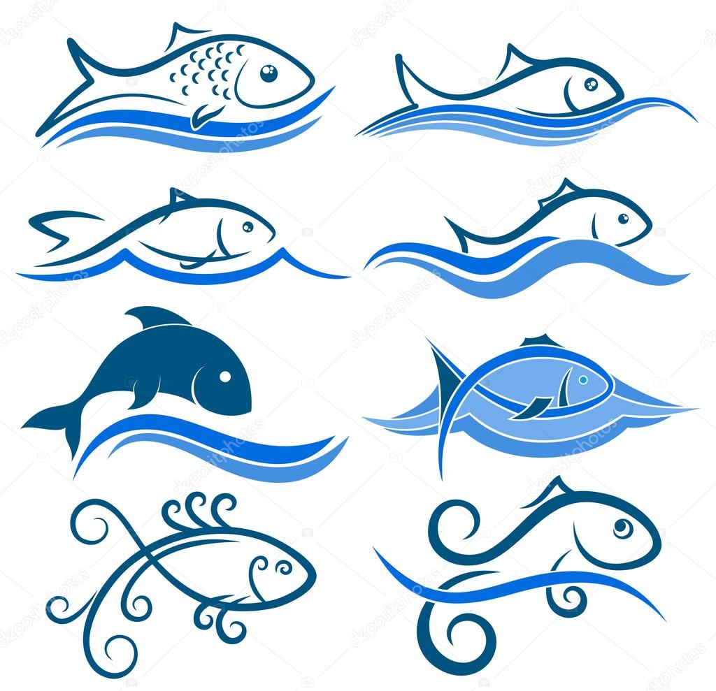 A set of logos with fish and blue wave.