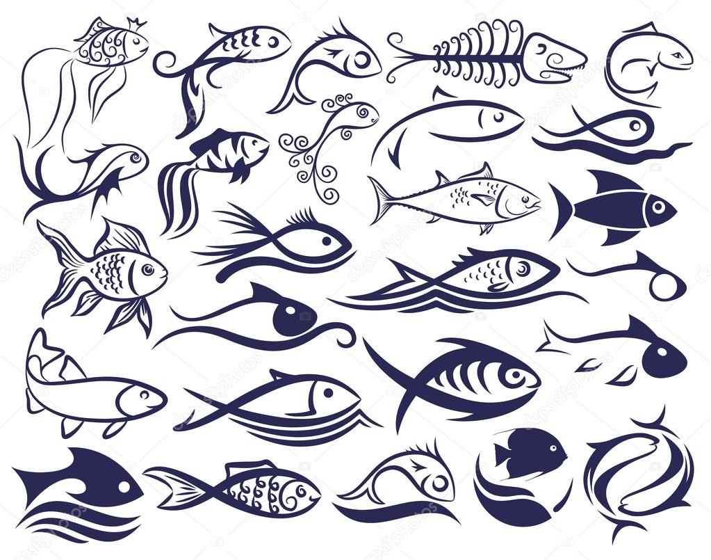 A set of logos fishes in different styles.