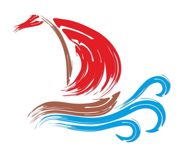 Sea vessel with red sails. 