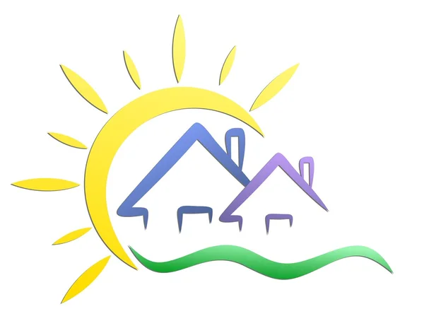 Λογότυπο εξοχικά σπίτια με ήλιο. — Διανυσματικό Αρχείο