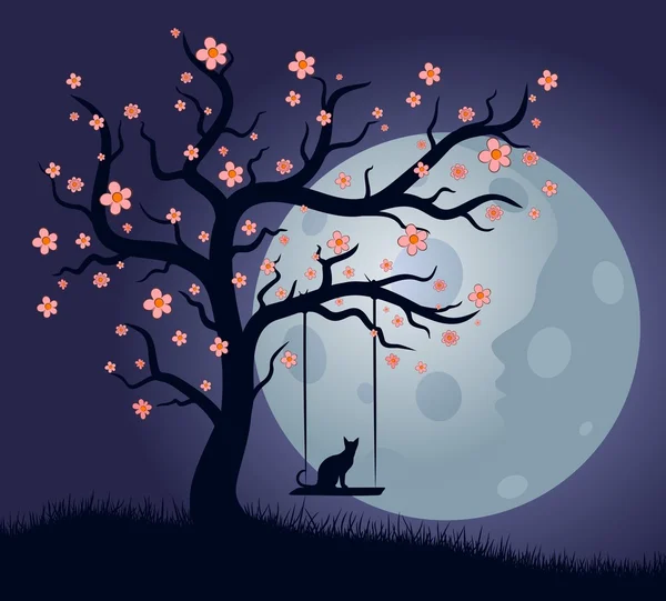 나무와 스윙 밤 풍경. — 스톡 벡터