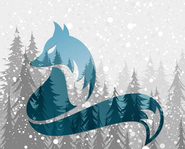蓝色狐狸的象征 有冬天的森林 — 图库矢量图片