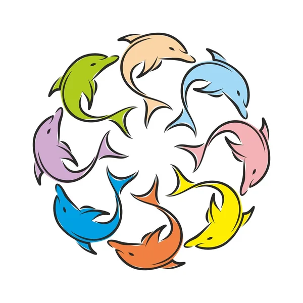 Λογότυπο δελφίνια στο ουράνιο τόξο χρώμα. — Διανυσματικό Αρχείο