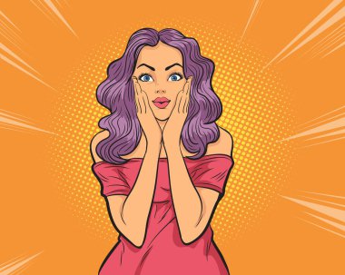 Kadın sürprizi el ele tutuşur. Kıvırcık saçlı güzel kız sağa bakıyor. Ürününüzü sunuyorum Pop Art retro çizgi roman