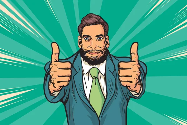 Geschäftsmann Gibt Retro Comics Stil Auf Erfolgreicher Mann Lächeln Fingerübereinstimmung — Stockvektor