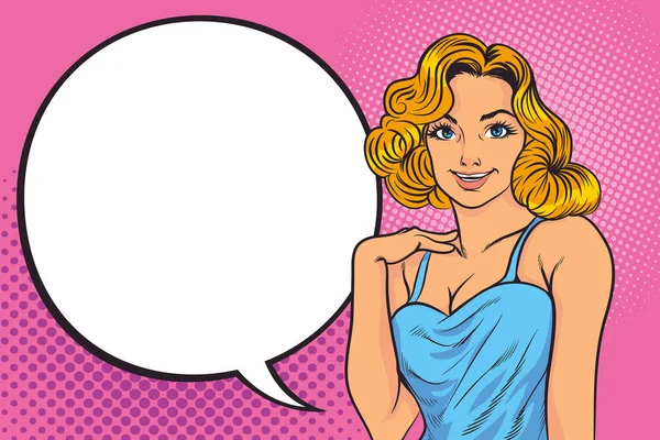 Pin Style Sexy Dreaming Woman Portrait Speech Bubble Pop Art — стоковый вектор