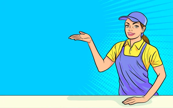 出纳员女性漫画 快乐的年轻女性快餐工 以流行艺术漫画的背景风格接受销售订单 — 图库矢量图片