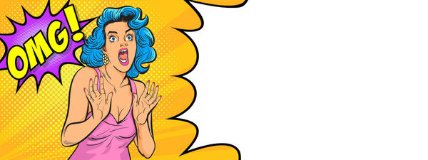 Wow pop art female face. Sexy surprised young woman open mouth and OMG! speech bubble pop art retro comic style.