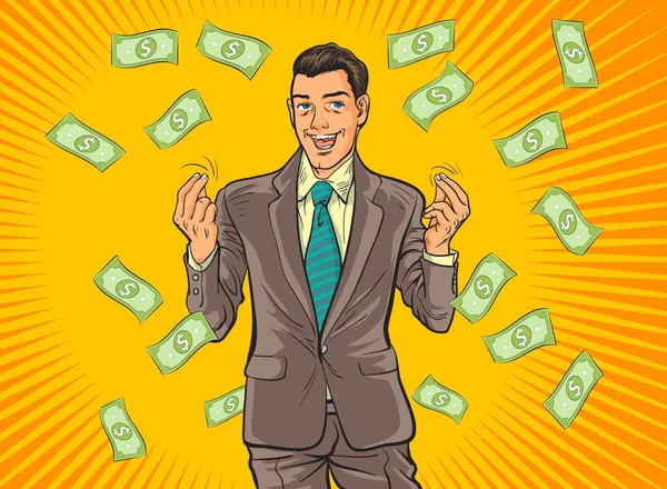 Pop Art Comics Erfolgreicher Glücklicher Geschäftsmann Feiert Falling Money Business — Stockvektor