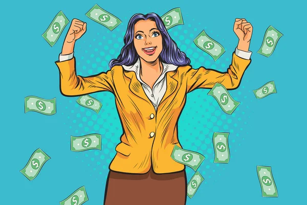 Pop Art Comics Erfolgreiche Glückliche Geschäftsfrau Feiert Falling Money Das — Stockvektor