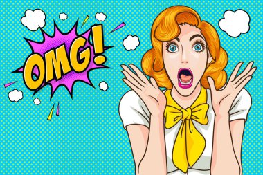 Şaşırmış kadın yüzü açık omg pop art retro çizgi romanıyla vay canına