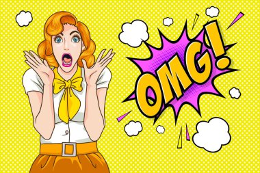 Şaşırmış kadın yüzü açık omg pop art retro çizgi romanıyla vay canına