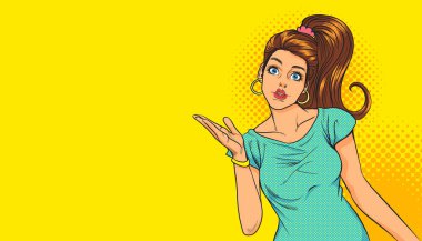 Şaşırtıcı güzel kadın jesti arka planda pop sanat çizgi romanları tarzında bir şey sunuyor..