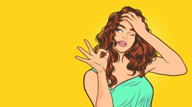 İyi bir jest ve uzay sanatının retro çizgi romanını kopyalayan pijamalı bir kadın.