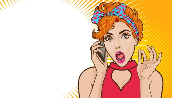 Donna Scioccata Che Parla Sul Telefono Cellulare Con Spazio Copia — Vettoriale Stock