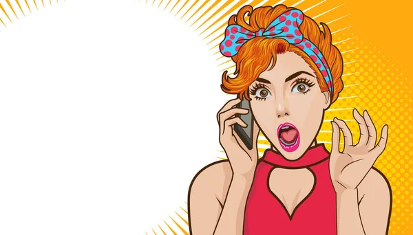 Cep telefonuyla konuşan şok olmuş bir kadın. Fotokopi alanı Pop Art retro çizgi romanı.