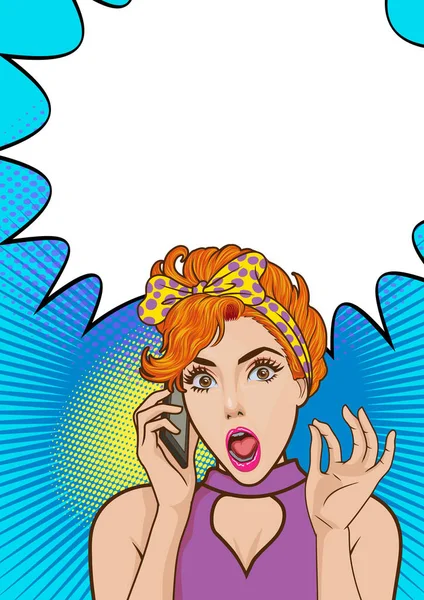 衝撃的な女性はコピースペースで携帯電話で話していますポップアートレトロ漫画 — ストックベクタ
