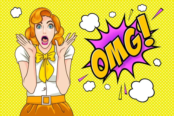 Şaşırmış kadın yüzü açık omg pop art retro çizgi romanıyla vay canına