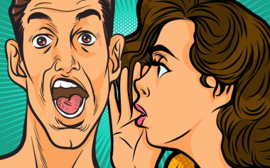 Dedikoducu kadın sır mı fısıldıyor yoksa pop sanatının komik tarzında şaşırmış birinin kulağına mı?.