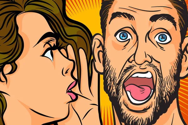 Gossip Woman Whispering Secret News Ear Surprised Person Pop Art — Stockvector