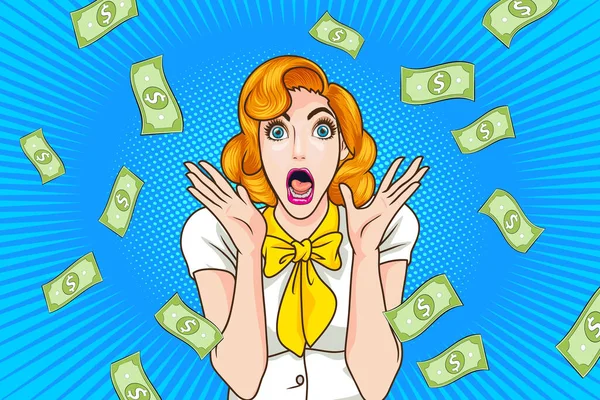 Surprised Woman Face Wow Open Mouth Falling Money Copy Space — Wektor stockowy