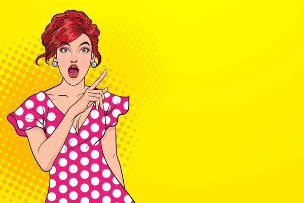 Şaşırmış seksi bir kadın, ağzı açık ve parmağını uzay pop sanatının komik tarzıyla yukarı kaldırıyor..