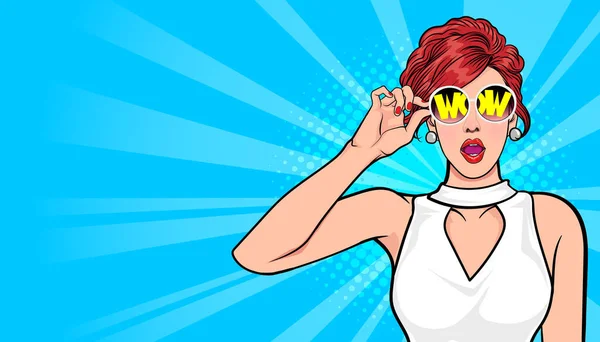 Surprise Visage Femme Wow Dans Des Lunettes Avec Espace Pop — Image vectorielle