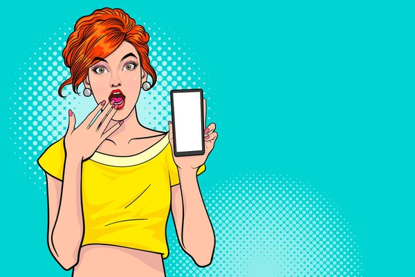 Žena Tvář Wow Držení Smartphone Pop Art Retro Komiks Styl — Stockový vektor