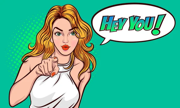 Hey, seni kadın işaret eden, dikkat çek. Pop Art Comic Style 'la ilgilenen bir kız.