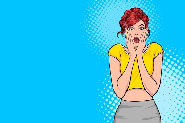 Mujer Sorprendida Boca Abierta Mantiene Las Manos Las Mejillas Pop — Vector de stock