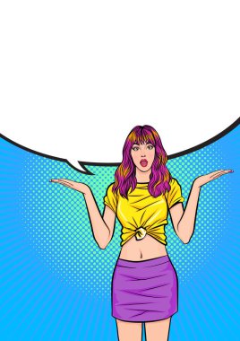 Avuçlar havada poz veren ve uzay pop sanatının komik tarzıyla omuz silken genç bir kız..