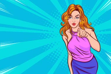 Hey, seni kadın işaret eden, dikkat çek. Pop Art Comic Style 'la ilgilenen bir kız.