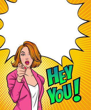 Business Woman 'ın işaret parmağı Pop Art Retro Style' a Boşluğu Kopyala