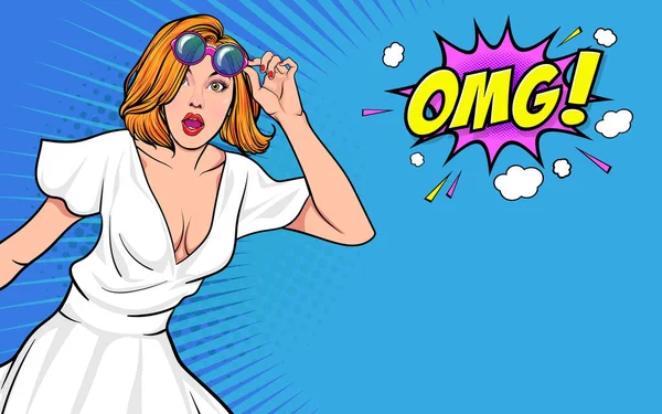 Удивлённая Женщина Очках Говорит Omg Pop Art Retro Comic Style — стоковый вектор