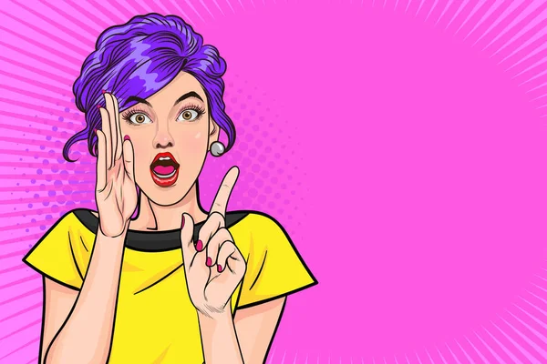 Mujer Sorprendida Boca Abierta Levantamiento Mano Hablar Arte Pop Retro — Vector de stock