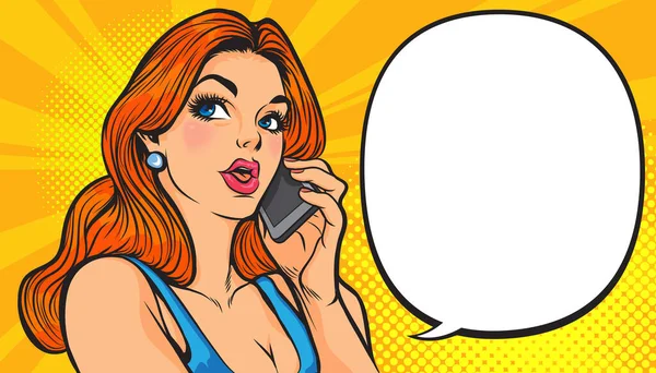 Mujer Hablando Teléfono Inteligente Pop Art Retro Comicsexy Chica Con — Archivo Imágenes Vectoriales