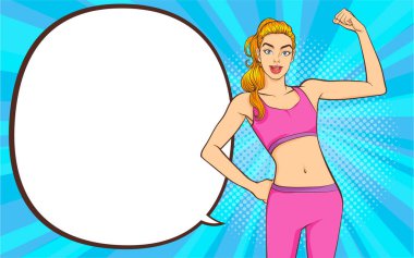 Spor salonundaki kadın, kolundaki pazıları göstererek egzersiz yapıyor. Popüler sanat retro-komedi tarzı..