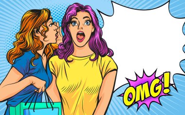 Dedikoducu kız, duygu ve insan konsepti: Sırlarını paylaşan iki mutlu genç kadının portresi Pop Art çizgi romanları. Dedikoducu kadınlar..