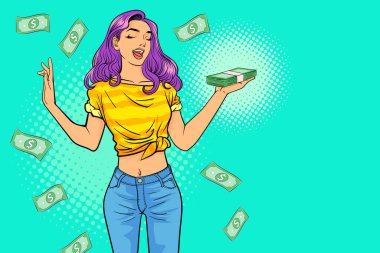 Neşeli, coşkulu, coşkulu, çok mutlu bir kadın. Parayı sokağa atıyor, serbest çalışan kadın bize dolar gösteriyor.