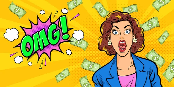 Zaskoczona Kobieta Twarz Wow Otwartymi Ustami Omg Upadek Pieniądze Powiedzieć — Wektor stockowy