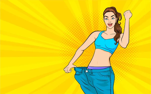 Mujer Con Cuerpo Delgado Pantalones Gran Tamaño Concepto Dieta Pérdida — Vector de stock