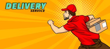 Teslimatçı servisi Retro Vintage Pop Art Comic Style 'da büyük bir kutuyla çalışıyor.