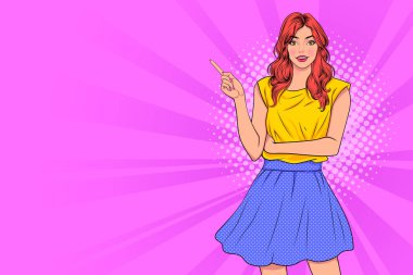 Gülümseyen genç kadın, sarı arka planda bir şey tutuyor. Retro klasik pop sanat çizgi stili.